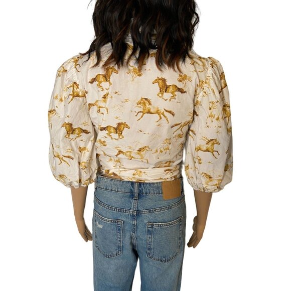 Ganni Weston Horse Print Wrap Blouse Puff Sleeve Button Down White XS - Picture 3 of 10